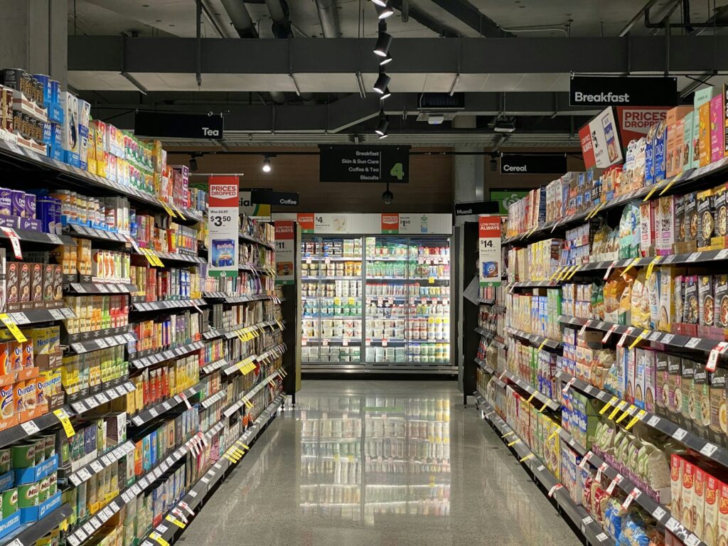 African retail supermarket aisle with stocked shelves