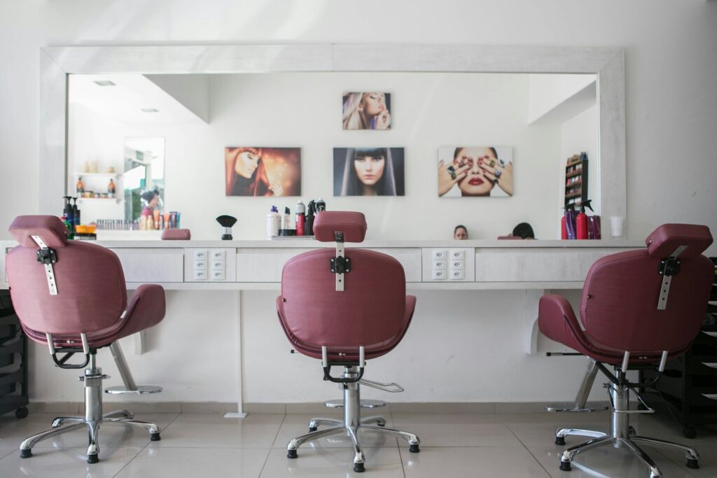 Hair salon styling chair and mirror